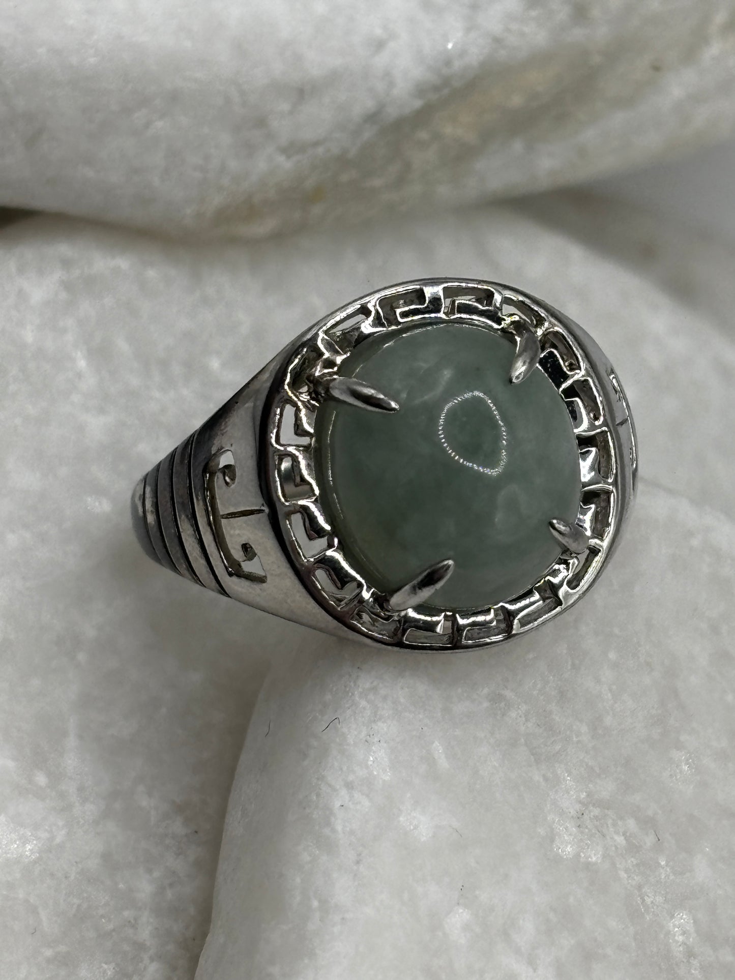 Vintage 925 Sterling Silver Round Jade Ring - Size O