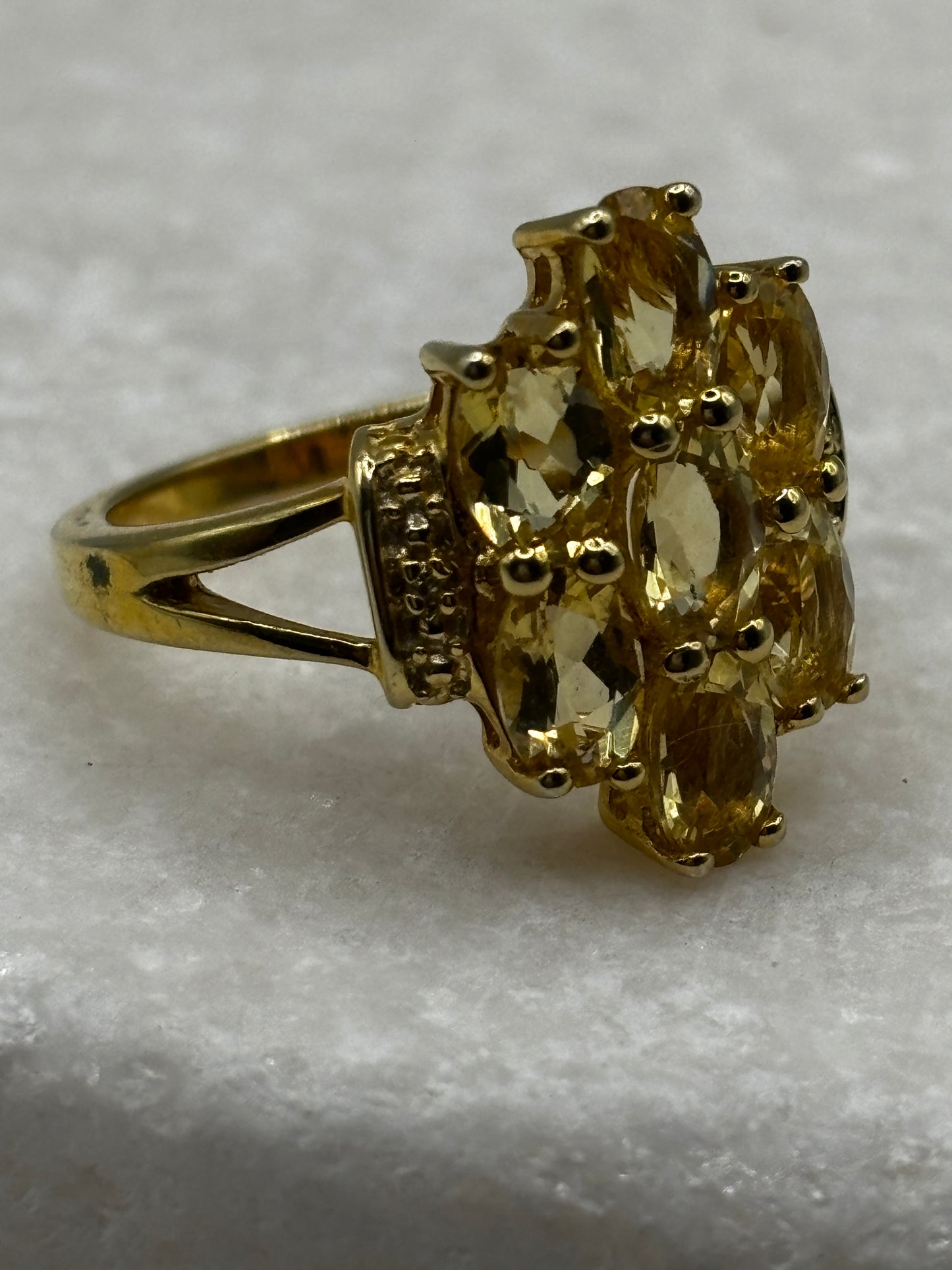 925 Sterling Silver Gilded Large Citrine Cluster Ring - Size O
