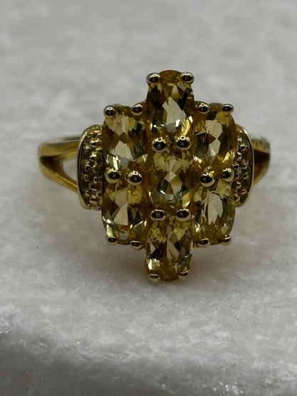 925 Sterling Silver Gilded Large Citrine Cluster Ring - Size O