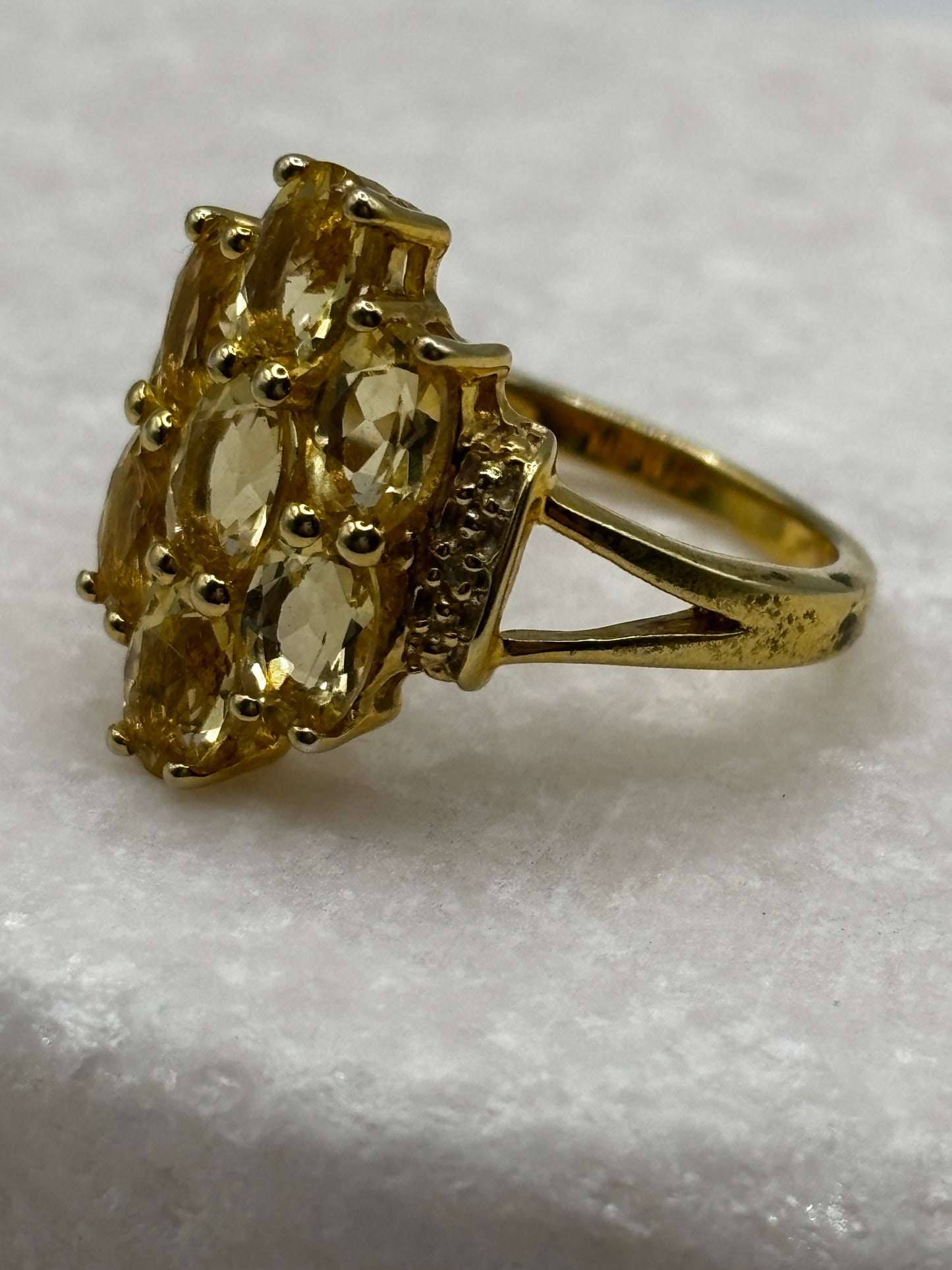 925 Sterling Silver Gilded Large Citrine Cluster Ring - Size O