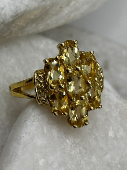 925 Sterling Silver Gilded Large Citrine Cluster Ring - Size O