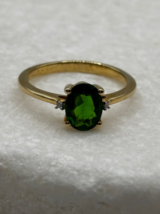 925 Sterling Silver Gilded Chrome Diopside Oval Solitaire Ring - Size O