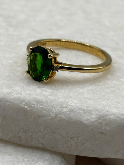 925 Sterling Silver Gilded Chrome Diopside Oval Solitaire Ring - Size O