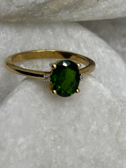 925 Sterling Silver Gilded Chrome Diopside Oval Solitaire Ring - Size O