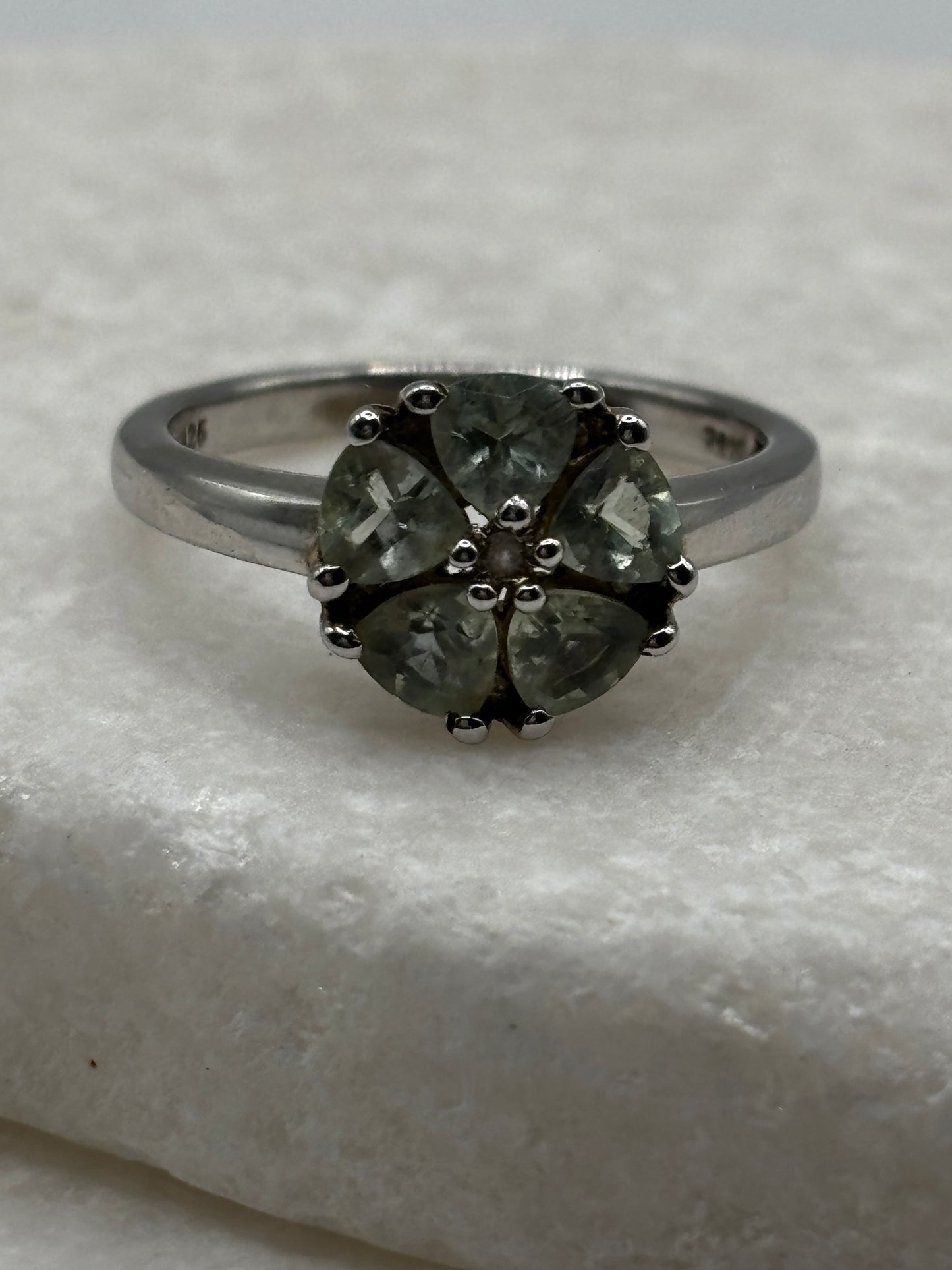 925 Sterling Silver Moldavite Floral Ring - Size O