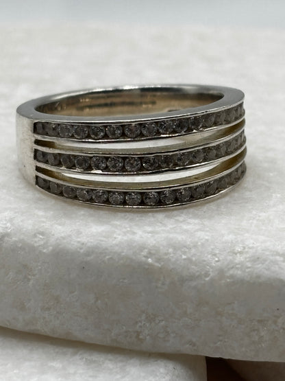 Vintage 925 Sterling Silver Triple Band CZ Wide Band Ring