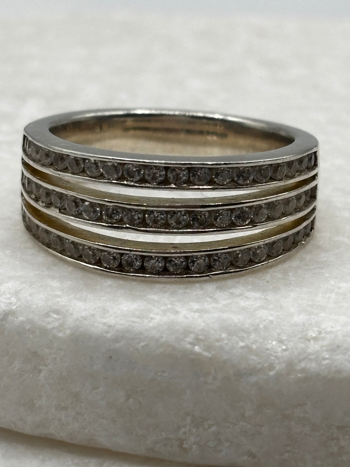 Vintage 925 Sterling Silver Triple Band CZ Wide Band Ring