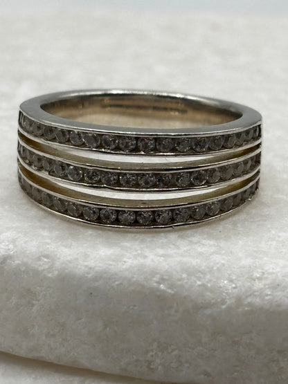 Vintage 925 Sterling Silver Triple Band CZ Wide Band Ring
