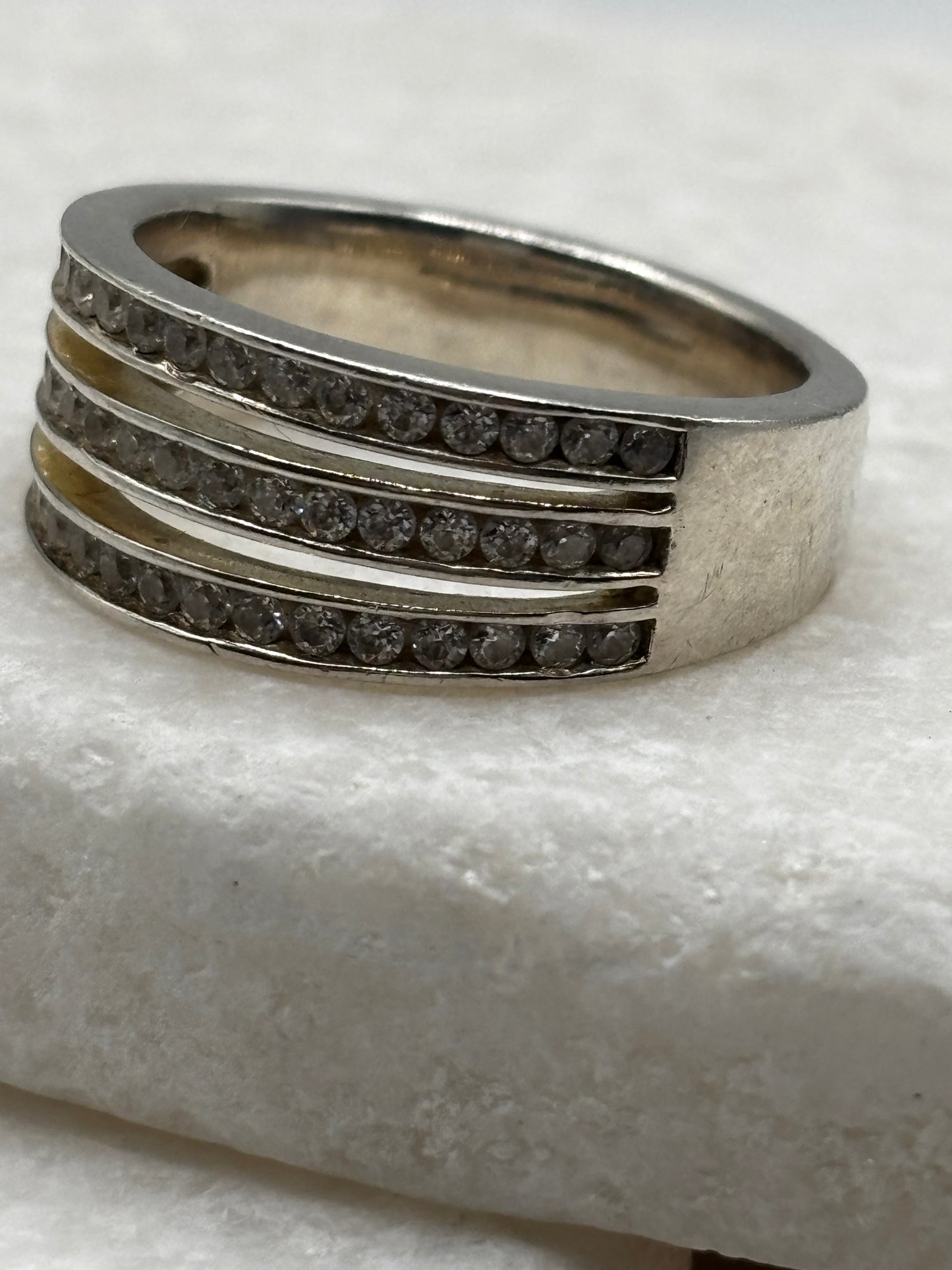 Vintage 925 Sterling Silver Triple Band CZ Wide Band Ring