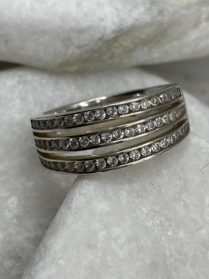 Vintage 925 Sterling Silver Triple Band CZ Wide Band Ring