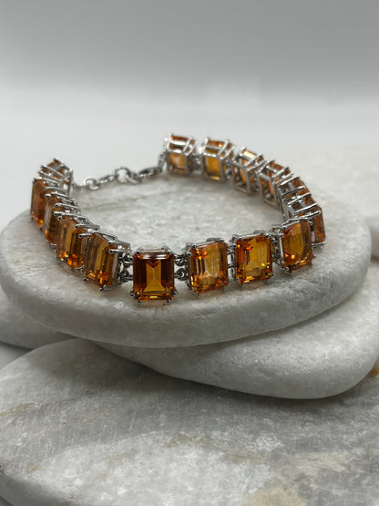 925 Sterling Silver Padparadscha Quartz Emerald Cut Stone Bracelet