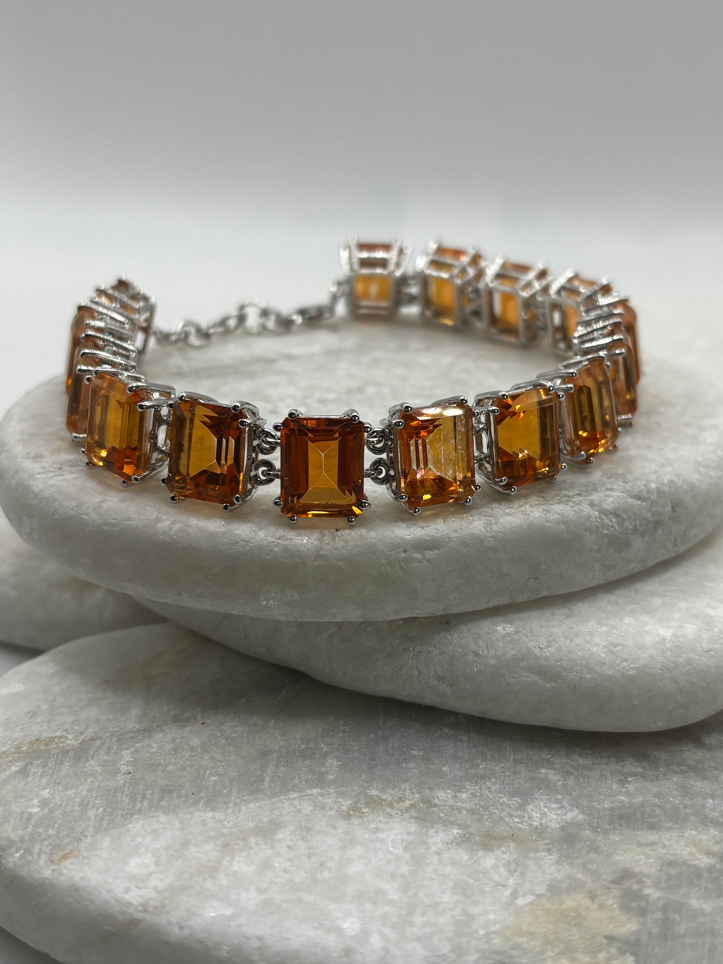 925 Sterling Silver Padparadscha Quartz Emerald Cut Stone Bracelet