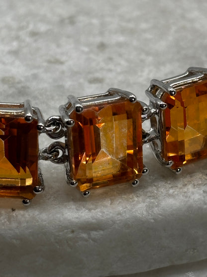925 Sterling Silver Padparadscha Quartz Emerald Cut Stone Bracelet