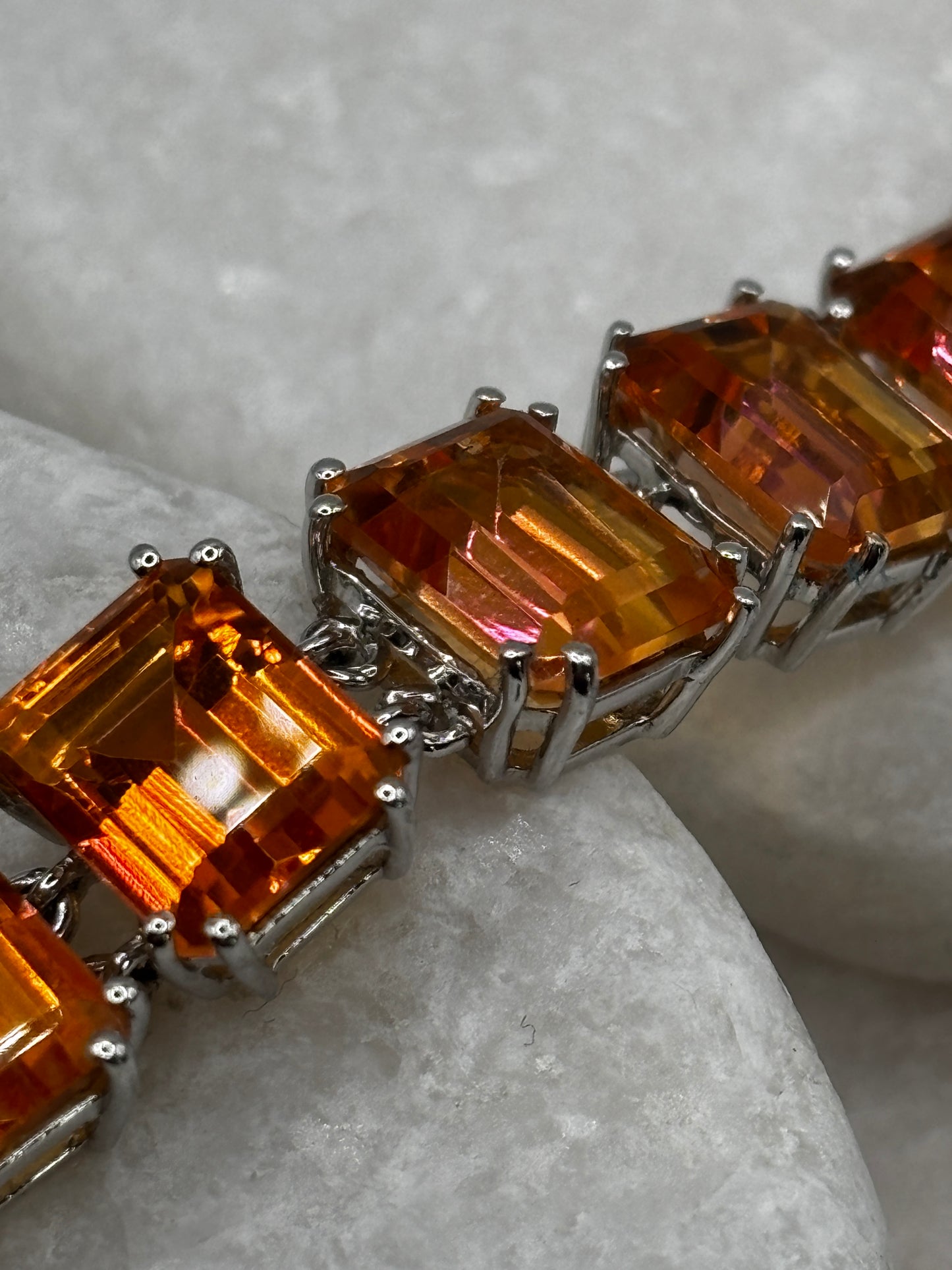 925 Sterling Silver Padparadscha Quartz Emerald Cut Stone Bracelet