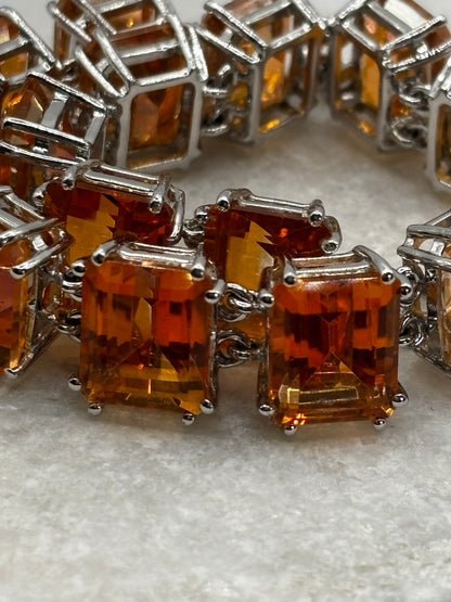 925 Sterling Silver Padparadscha Quartz Emerald Cut Stone Bracelet