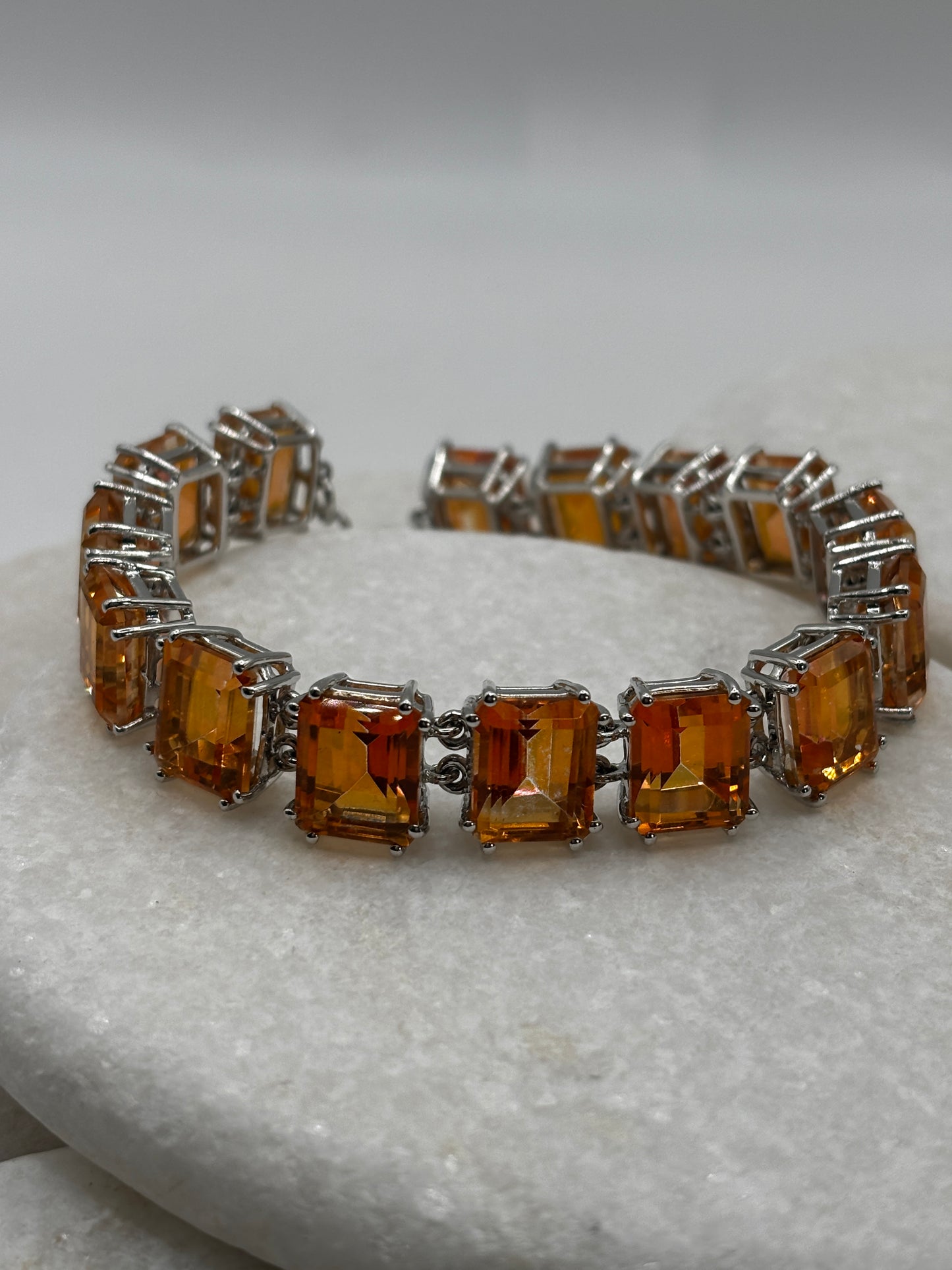 925 Sterling Silver Padparadscha Quartz Emerald Cut Stone Bracelet
