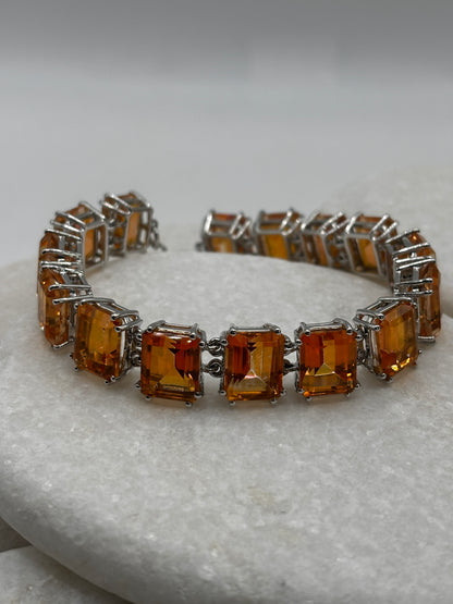 925 Sterling Silver Padparadscha Quartz Emerald Cut Stone Bracelet