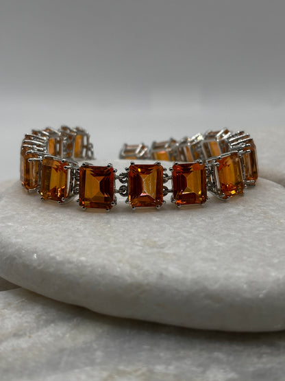 925 Sterling Silver Padparadscha Quartz Emerald Cut Stone Bracelet