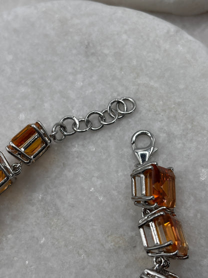 925 Sterling Silver Padparadscha Quartz Emerald Cut Stone Bracelet