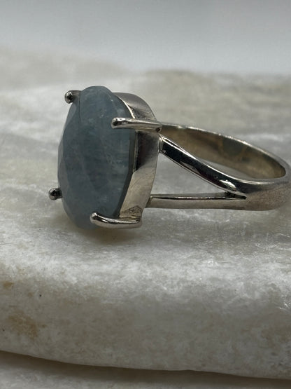 925 Sterling Silver Natural Blue Aquamarine Statement ring - Size S