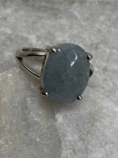 925 Sterling Silver Natural Blue Aquamarine Statement ring - Size S