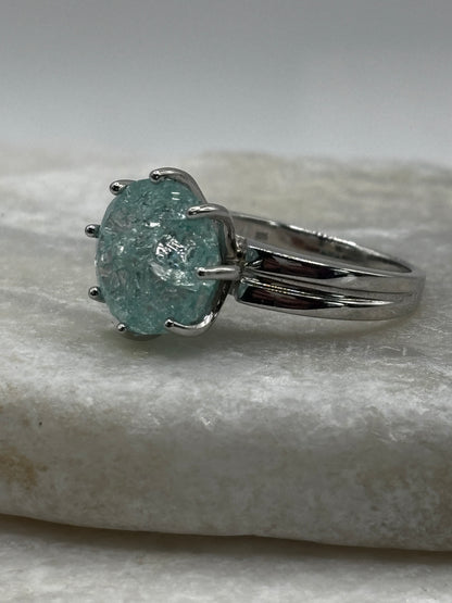925 Sterling Silver Blue Crackled Quartz Ring - Size O