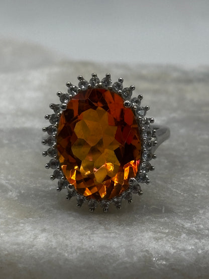 925 Sterling Silver Padparadscha Quartz Large Halo Ring with White Zircon - Size N