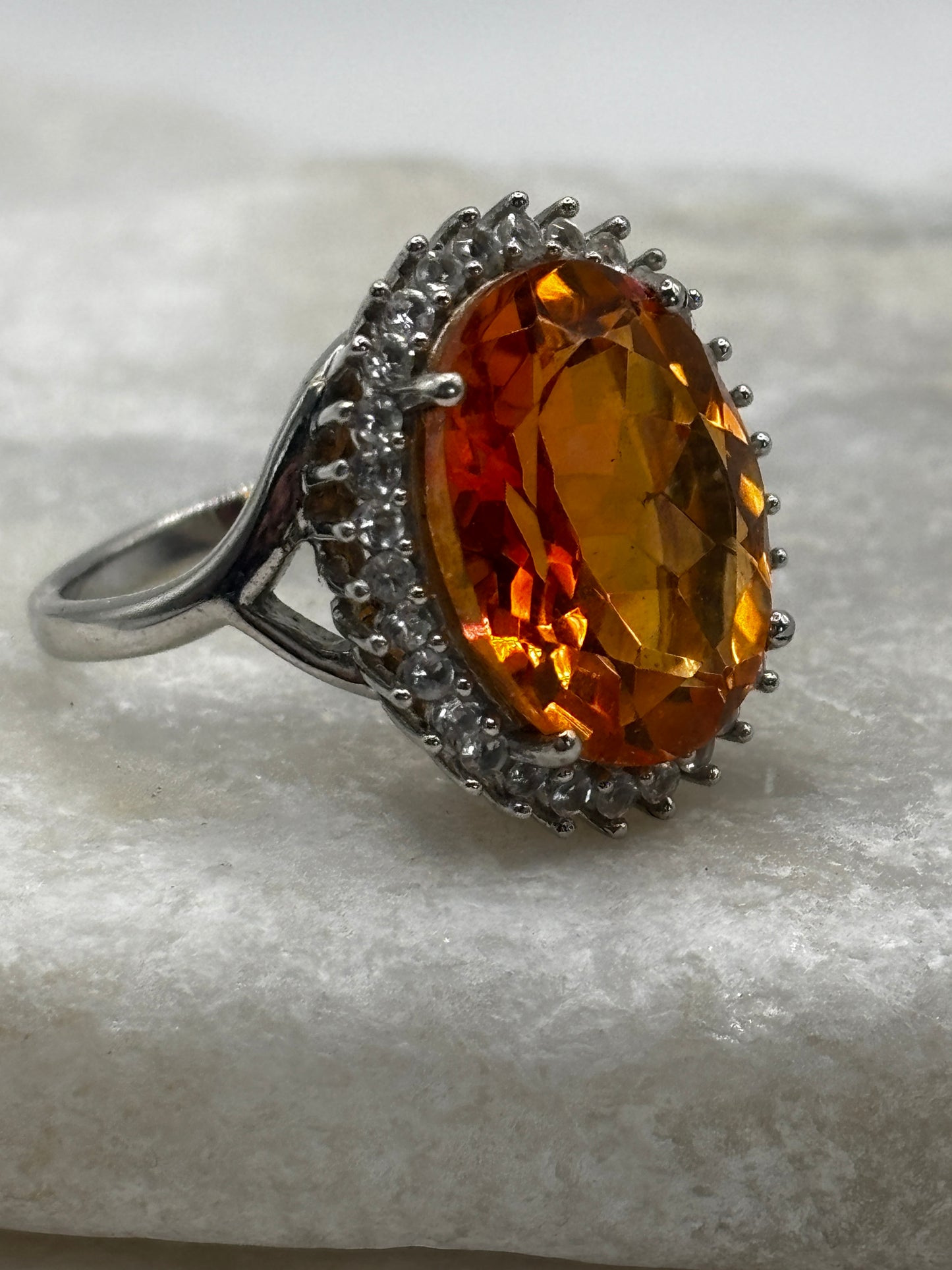 925 Sterling Silver Padparadscha Quartz Large Halo Ring with White Zircon - Size N