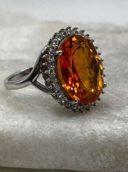 925 Sterling Silver Padparadscha Quartz Large Halo Ring with White Zircon - Size N
