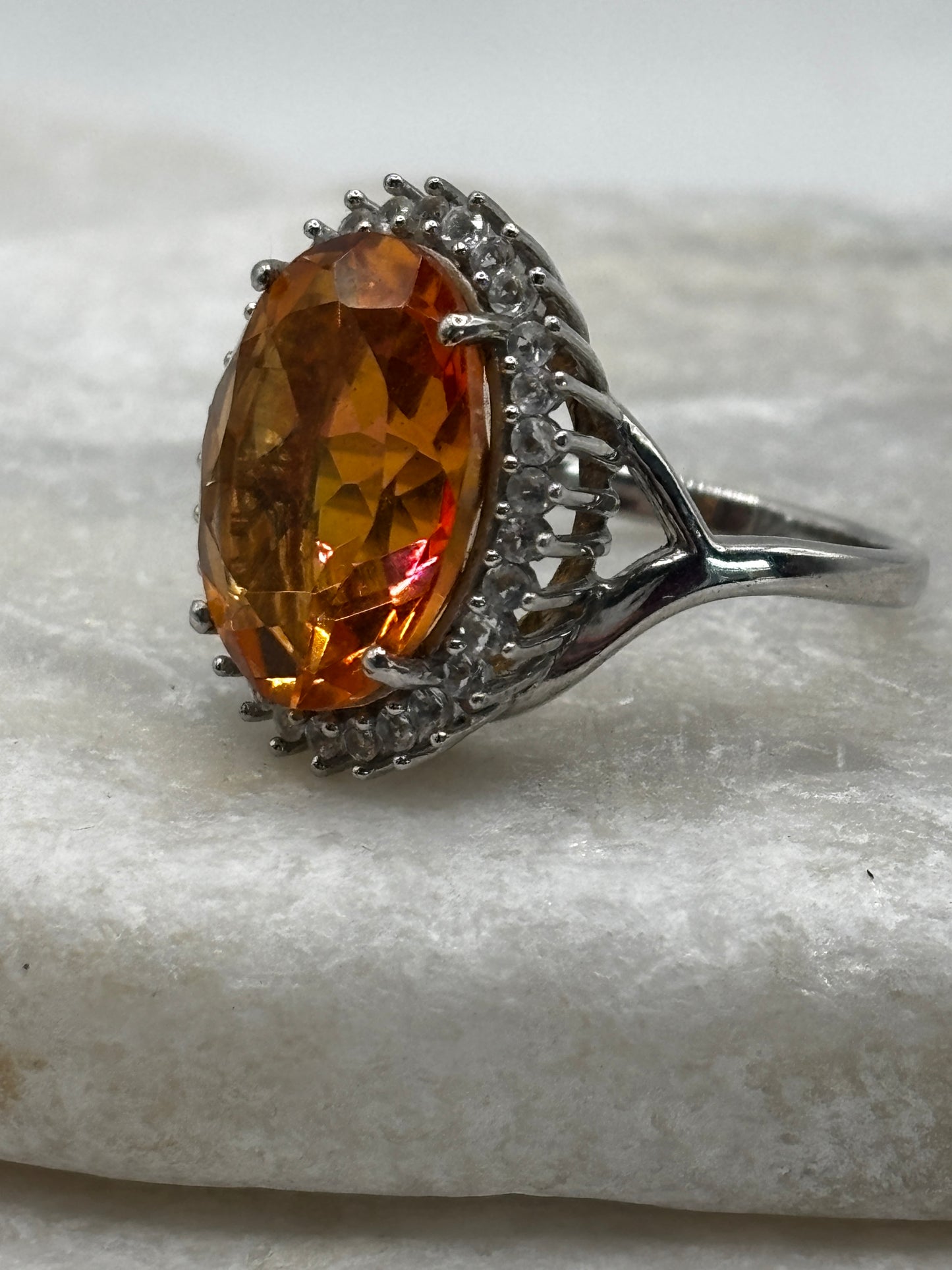 925 Sterling Silver Padparadscha Quartz Large Halo Ring with White Zircon - Size N