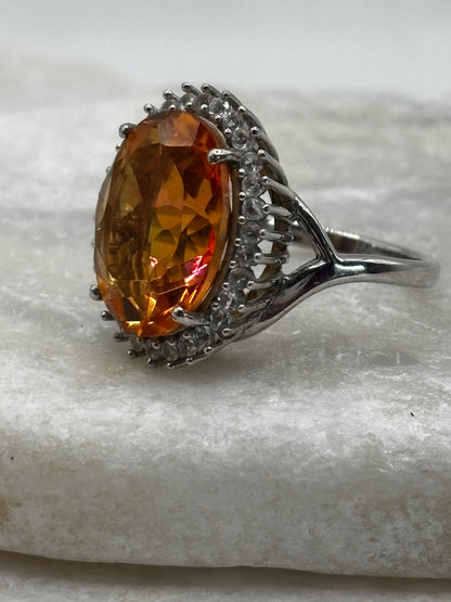 925 Sterling Silver Padparadscha Quartz Large Halo Ring with White Zircon - Size N