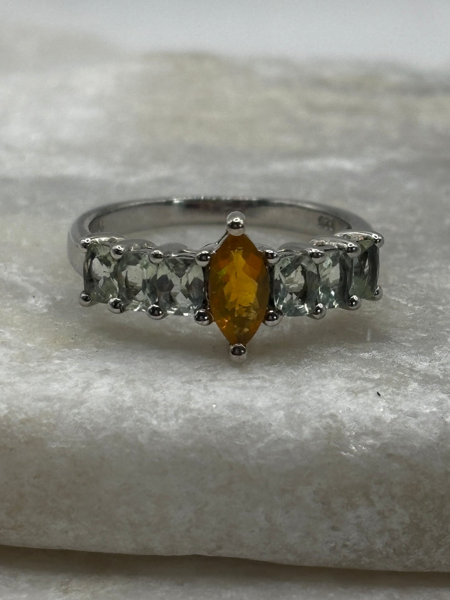 925 Sterling Silver Marquise Opal and Prasiolite Half Eternity Band - Size Q