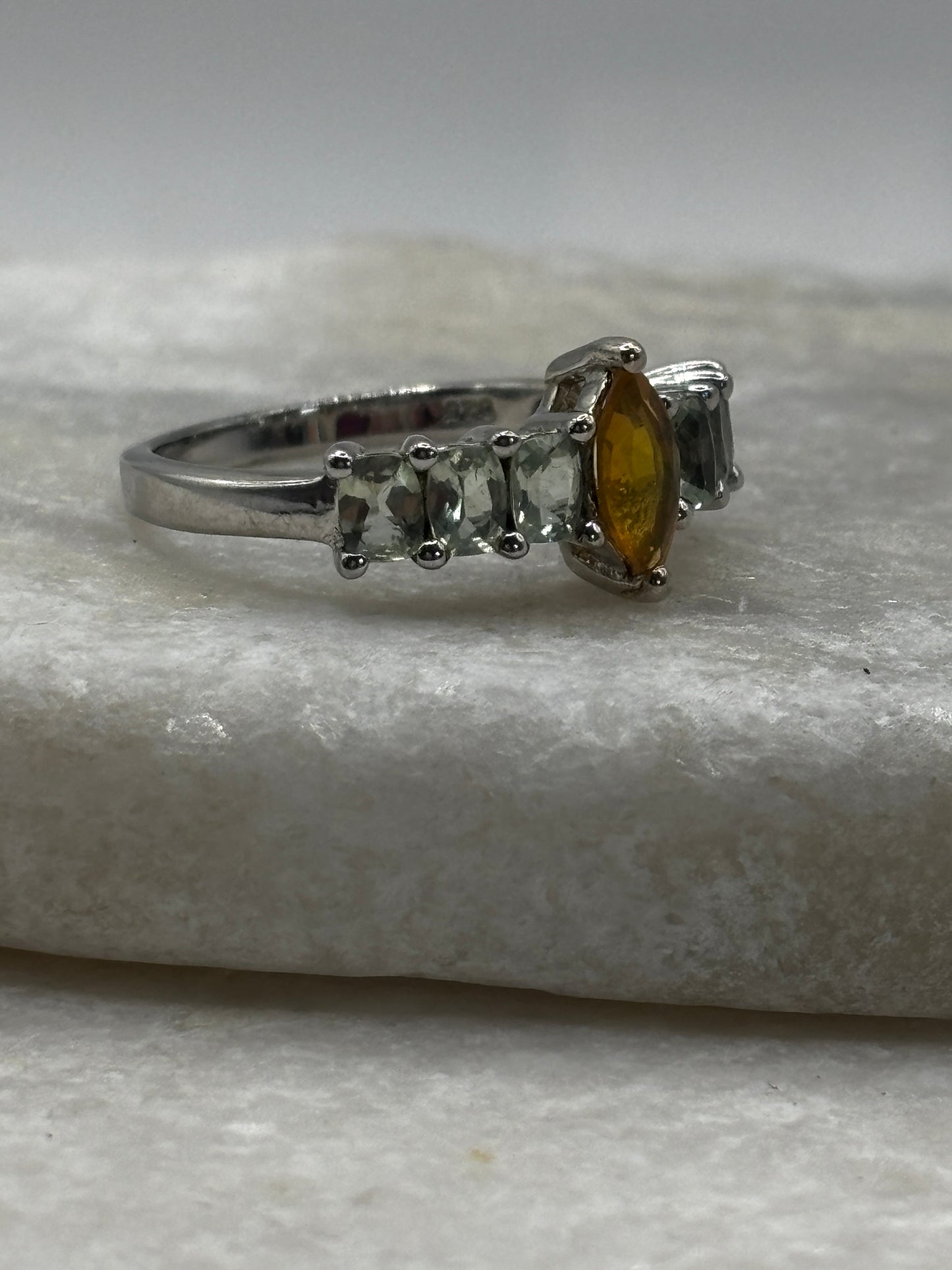 925 Sterling Silver Marquise Opal and Prasiolite Half Eternity Band - Size Q