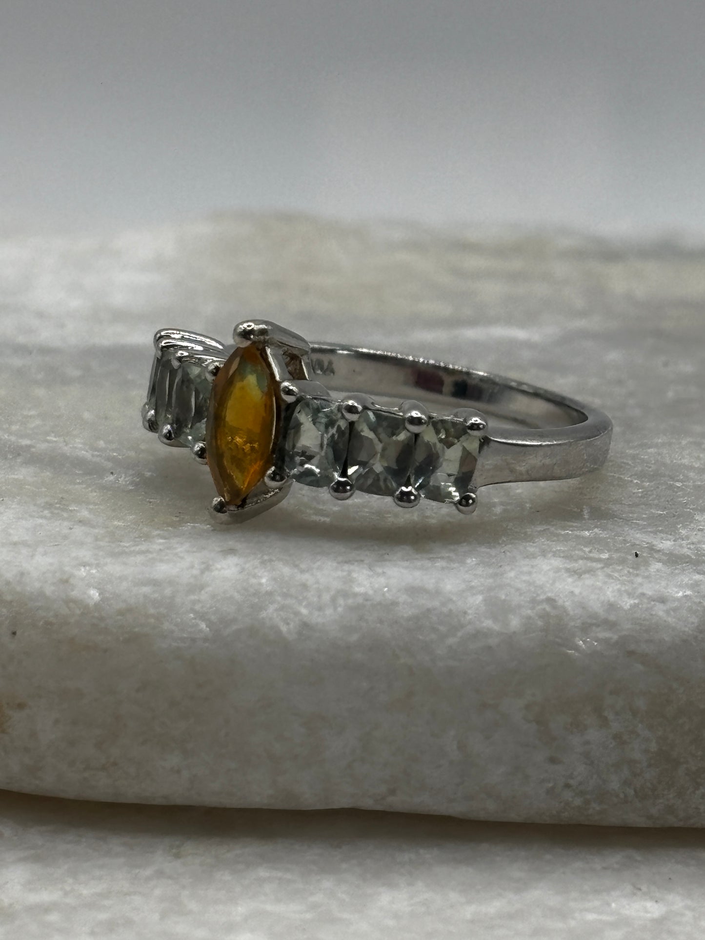 925 Sterling Silver Marquise Opal and Prasiolite Half Eternity Band - Size Q