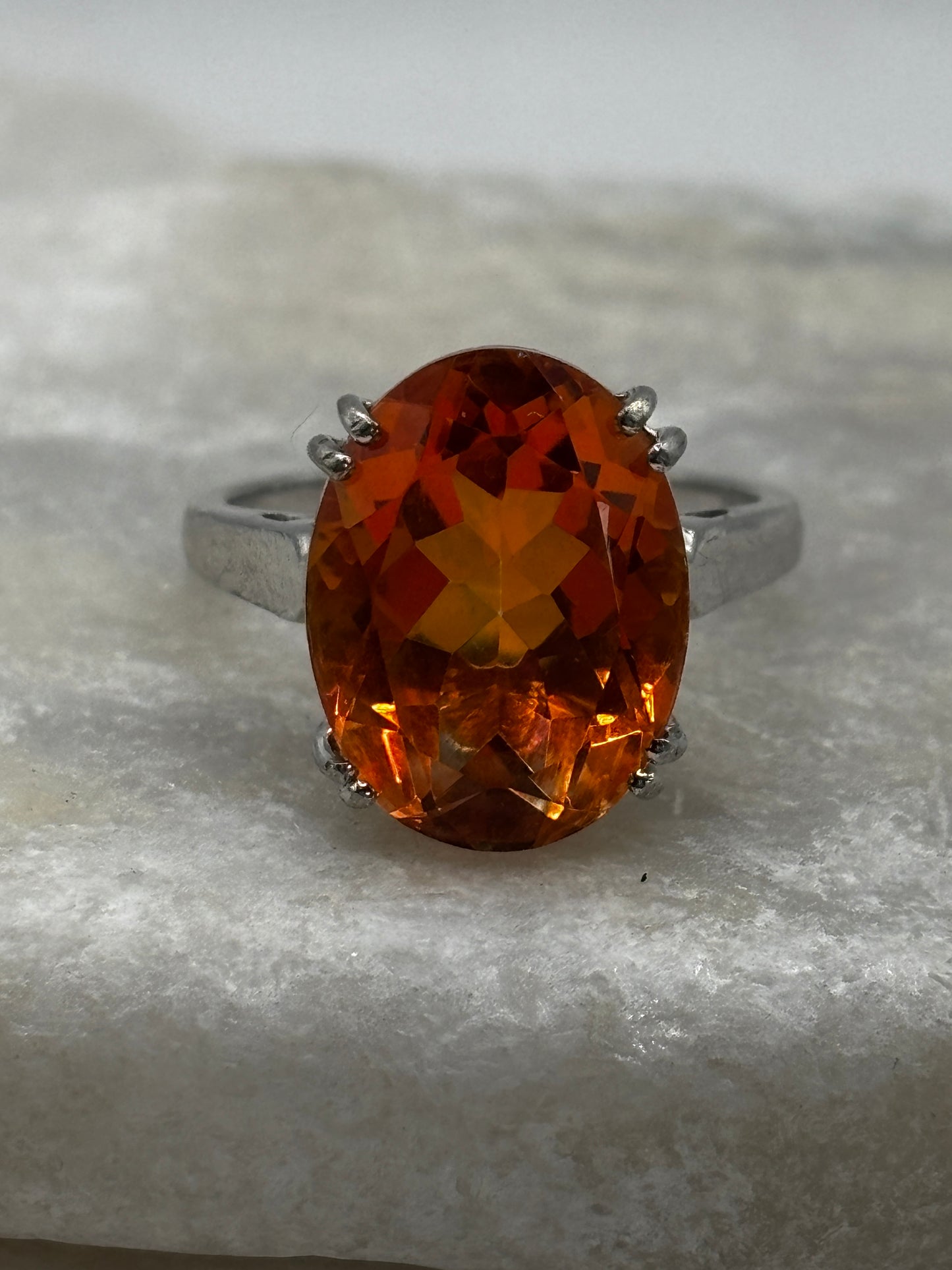 925 Sterling Silver Large Padparadscha Quartz Sollitaire Ring - Size Q