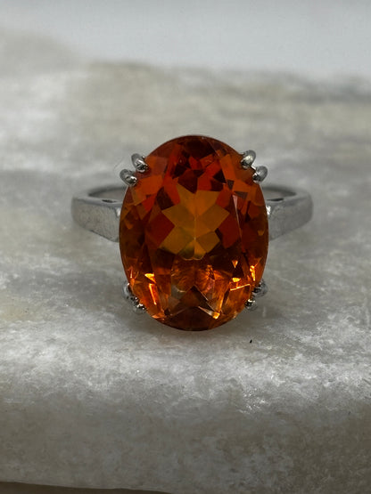 925 Sterling Silver Large Padparadscha Quartz Sollitaire Ring - Size Q
