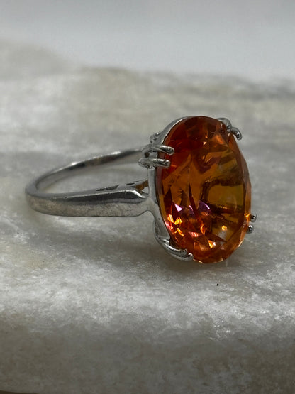 925 Sterling Silver Large Padparadscha Quartz Sollitaire Ring - Size Q