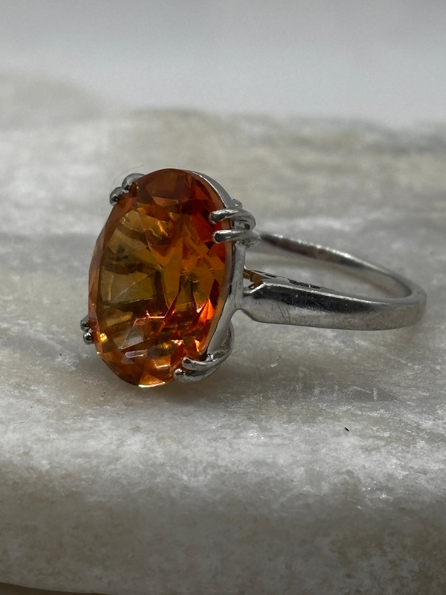 925 Sterling Silver Large Padparadscha Quartz Sollitaire Ring - Size Q