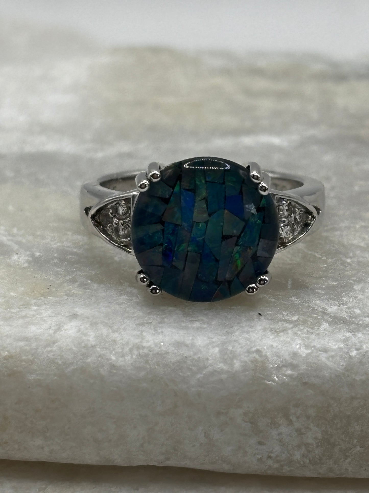 925 Sterling Silver Mosaic Opal Solitaire Ring - Size O