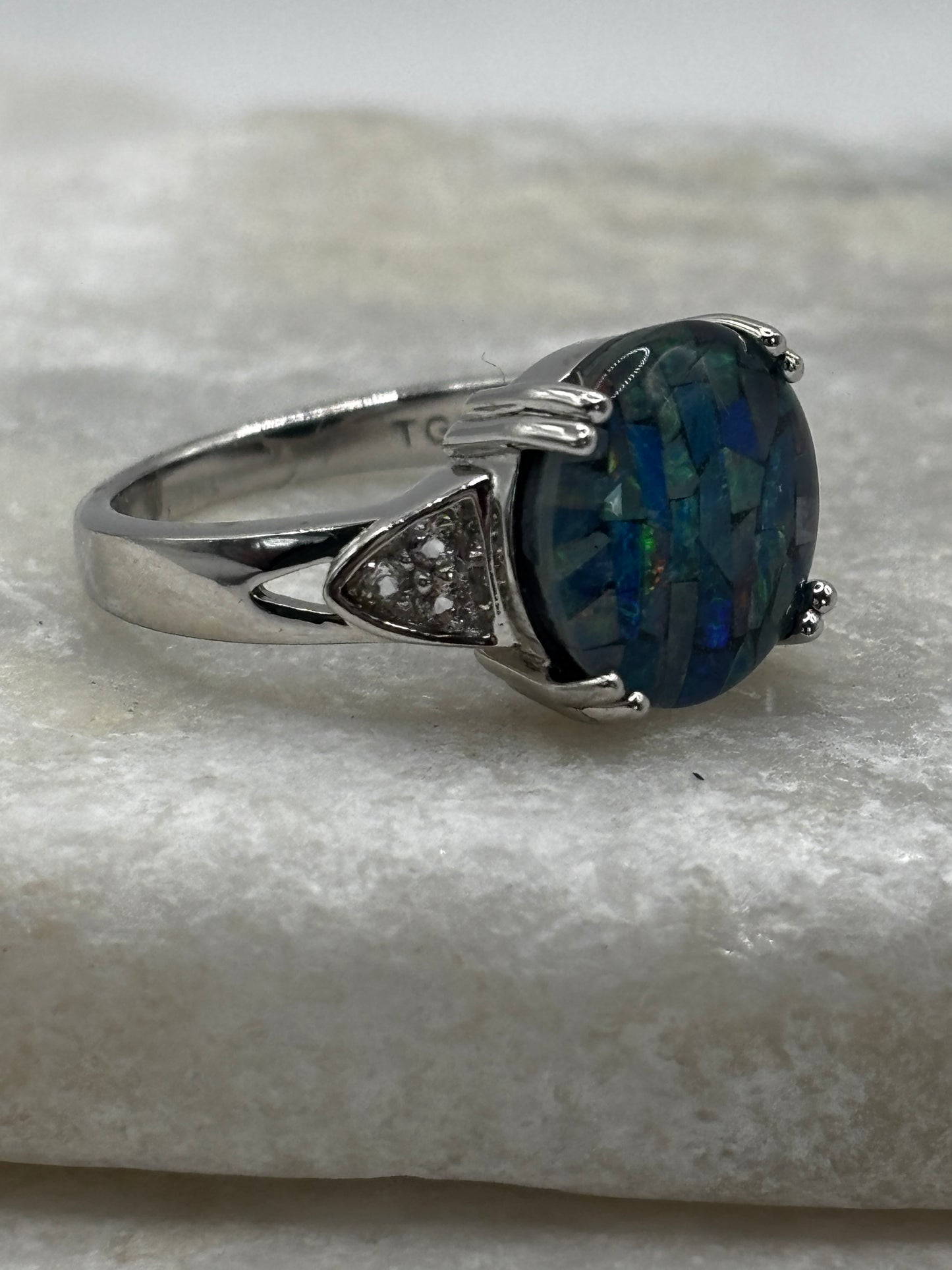 925 Sterling Silver Mosaic Opal Solitaire Ring - Size O