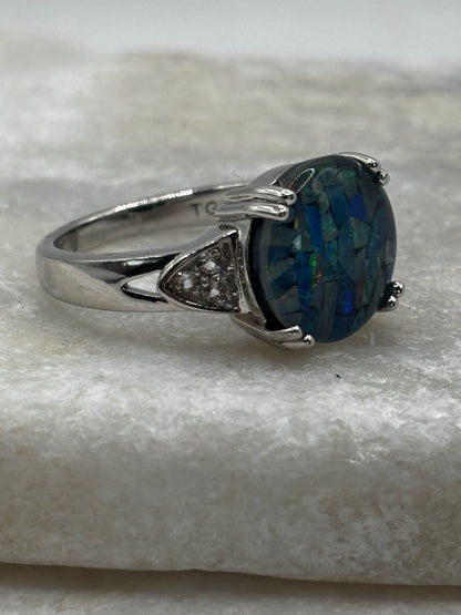 925 Sterling Silver Mosaic Opal Solitaire Ring - Size O