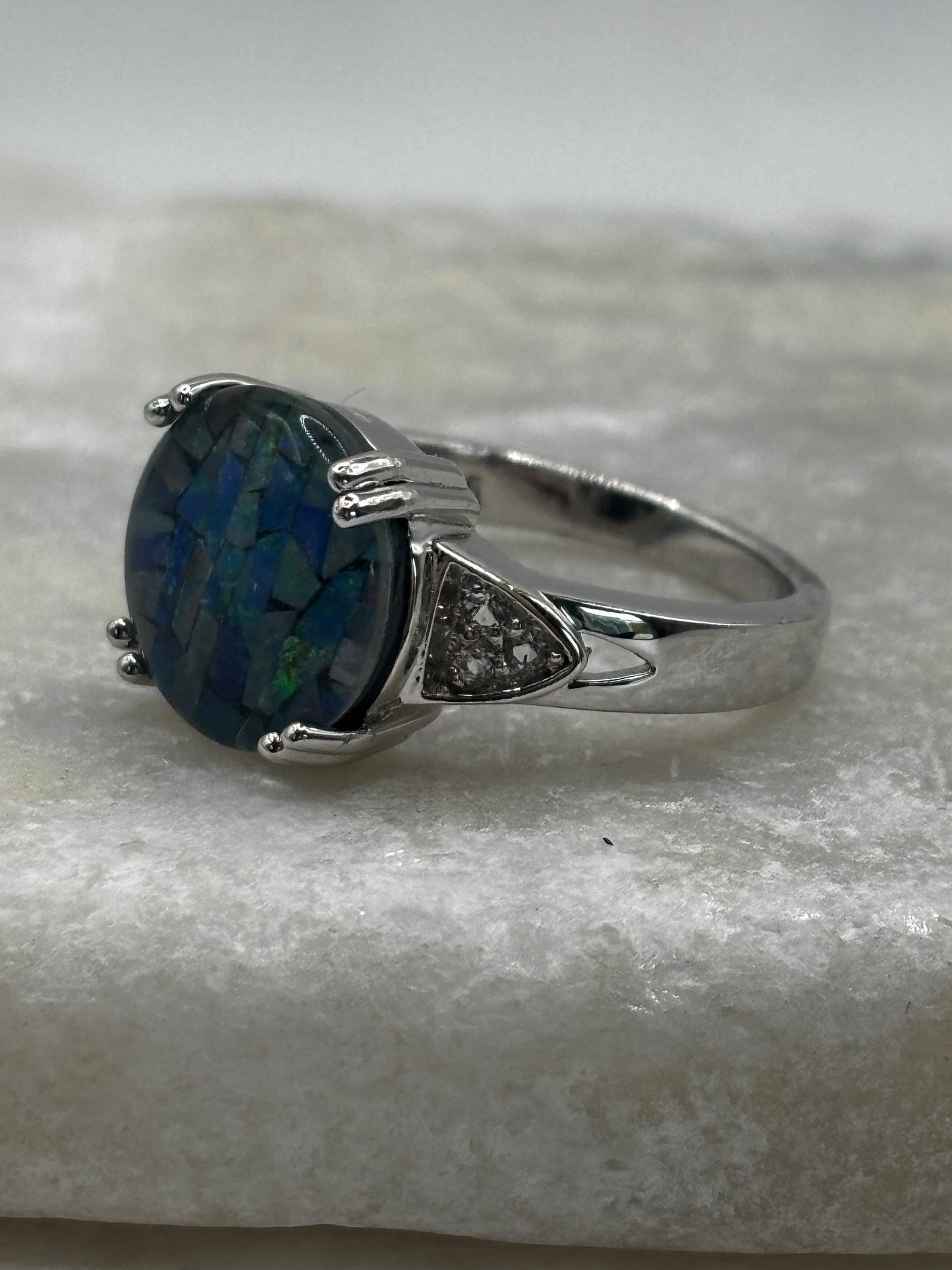 925 Sterling Silver Mosaic Opal Solitaire Ring - Size O