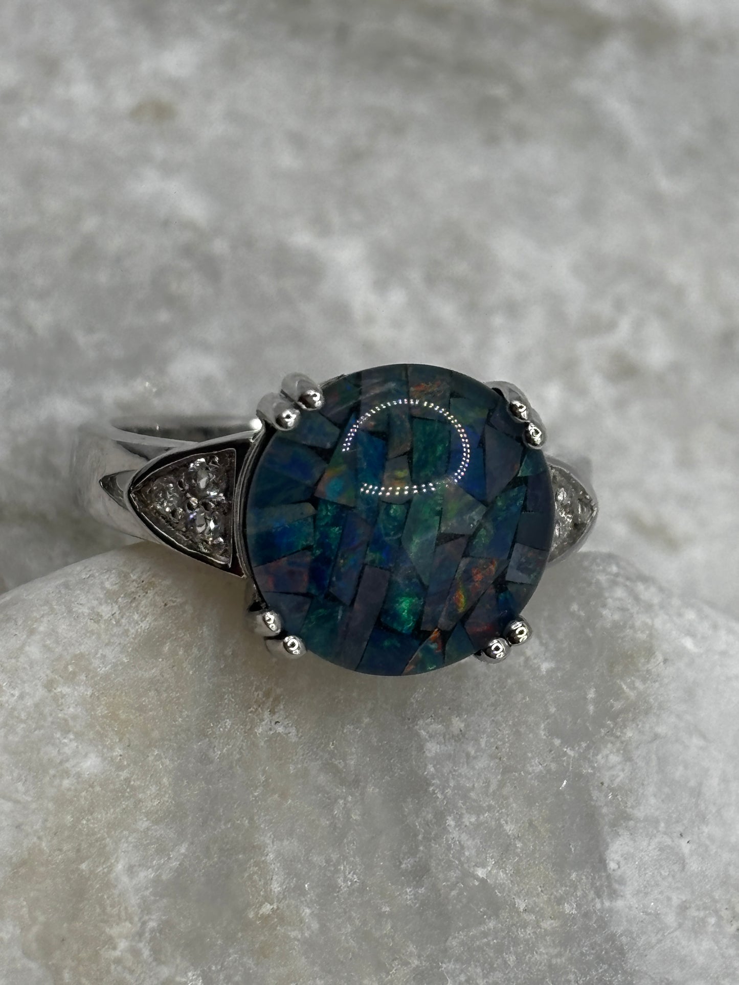 925 Sterling Silver Mosaic Opal Solitaire Ring - Size O