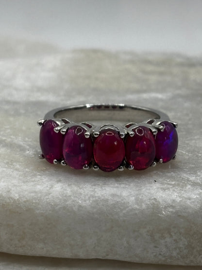 925 Sterling Silver Purple Pink Opal Cabochon Half Eternity Band Ring - Size O