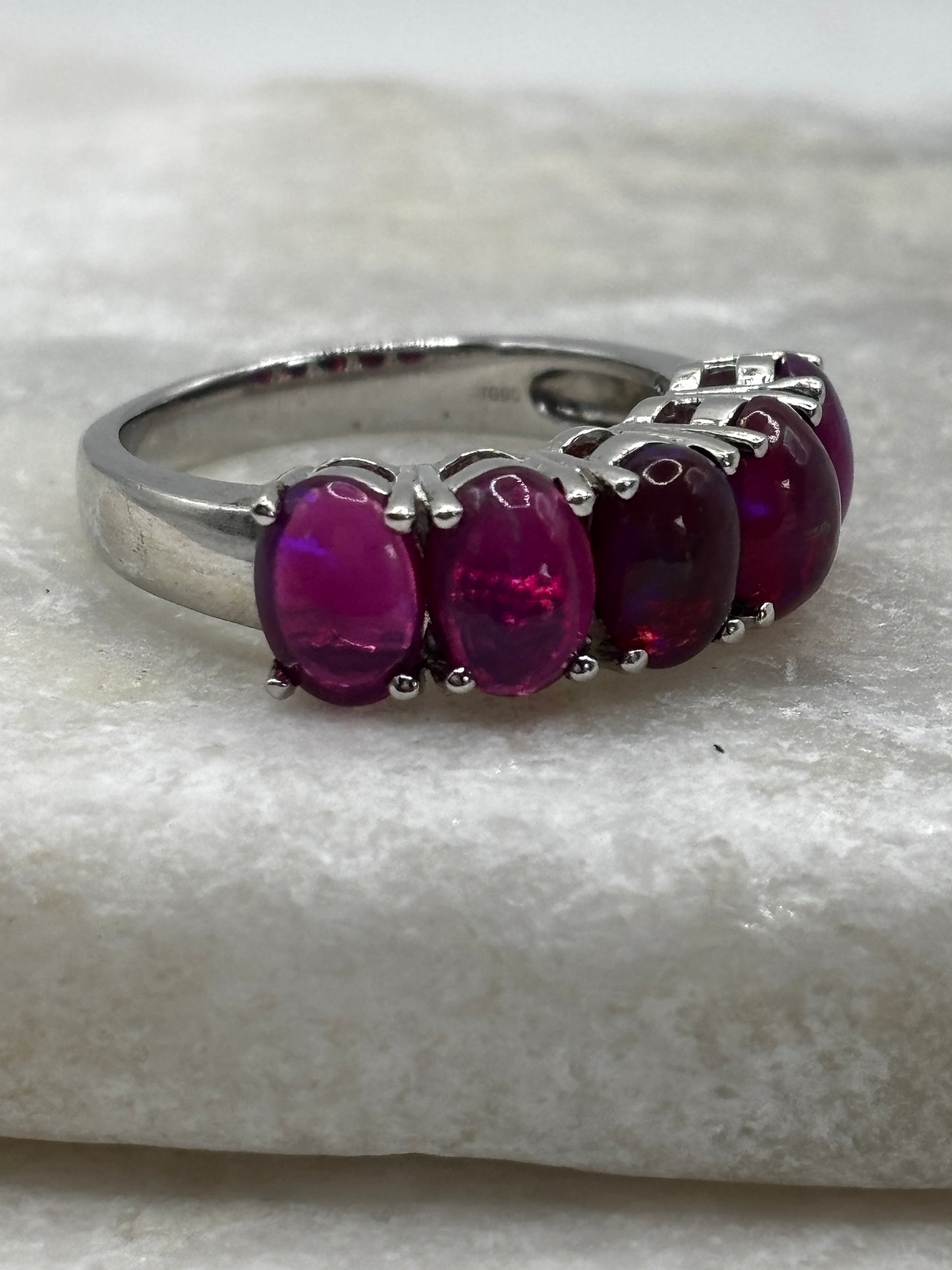925 Sterling Silver Purple Pink Opal Cabochon Half Eternity Band Ring - Size O