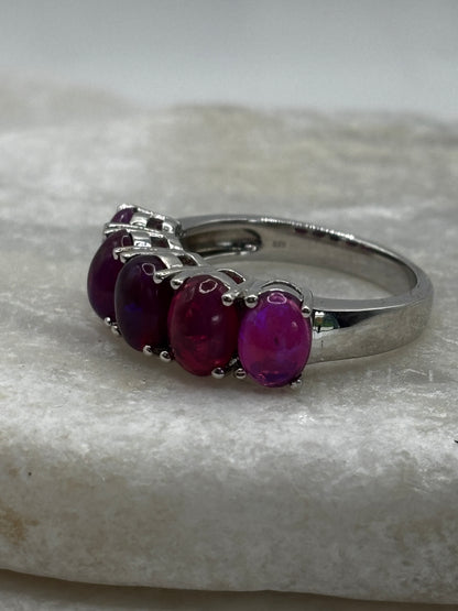 925 Sterling Silver Purple Pink Opal Cabochon Half Eternity Band Ring - Size O