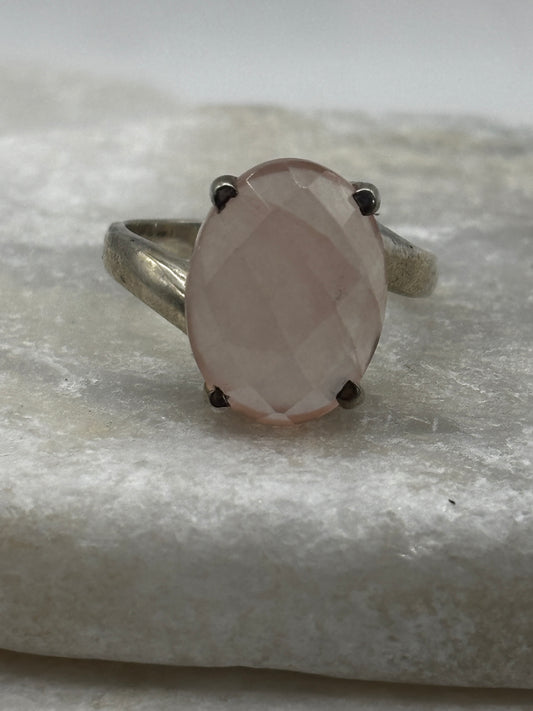 925 Sterling Silver Faceted Rose Quartz Solitaire Ring - Size S