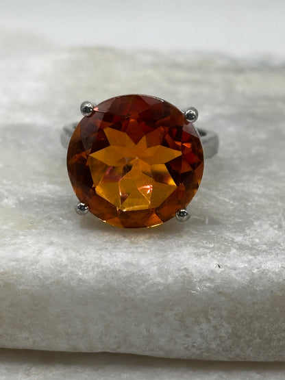 925 Sterling Silver Padparadscha Quartz Faceted Large Solitaire Ring - Size K