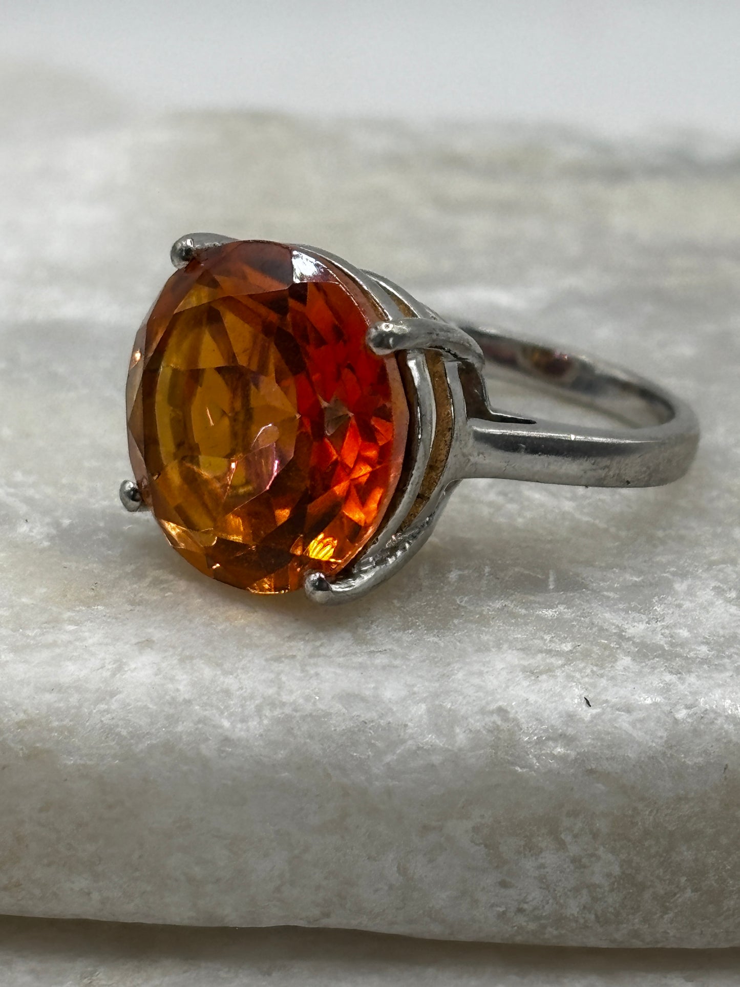 925 Sterling Silver Padparadscha Quartz Faceted Large Solitaire Ring - Size K