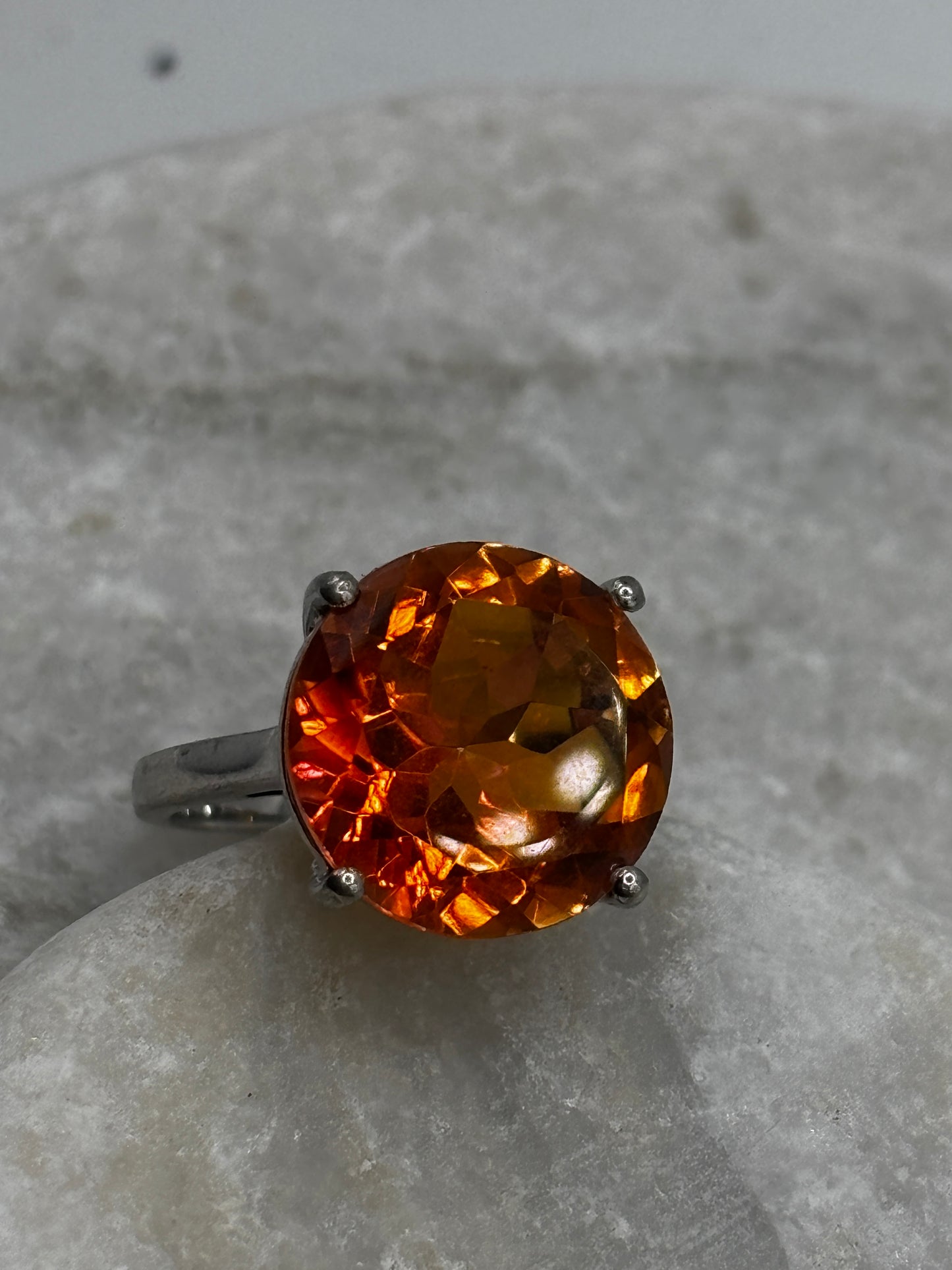 925 Sterling Silver Padparadscha Quartz Faceted Large Solitaire Ring - Size K
